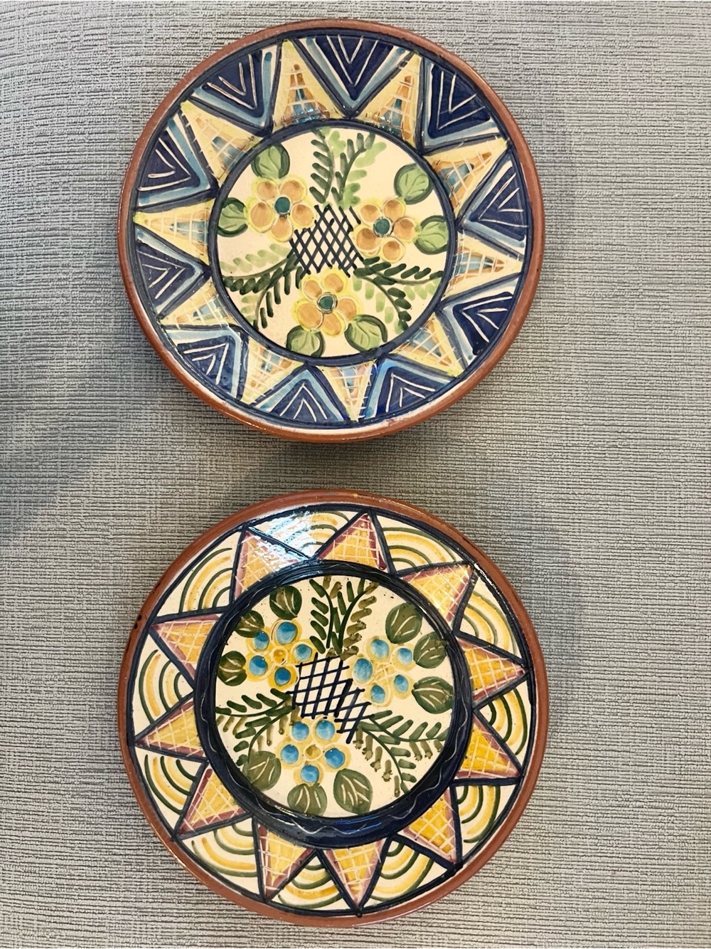 Two Olaria Glazed Terracotta Hand Painted Plates Portugal